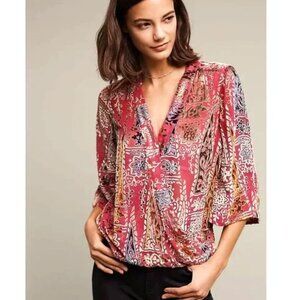 Anthropologie Floreat Japonica Wrap Silk Blend Crushed Velvet Bell Sleeve Boho